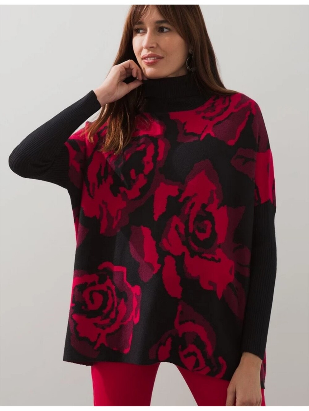 Chico's Roses  Floral Poncho Sweater Black & Red Size L/XL